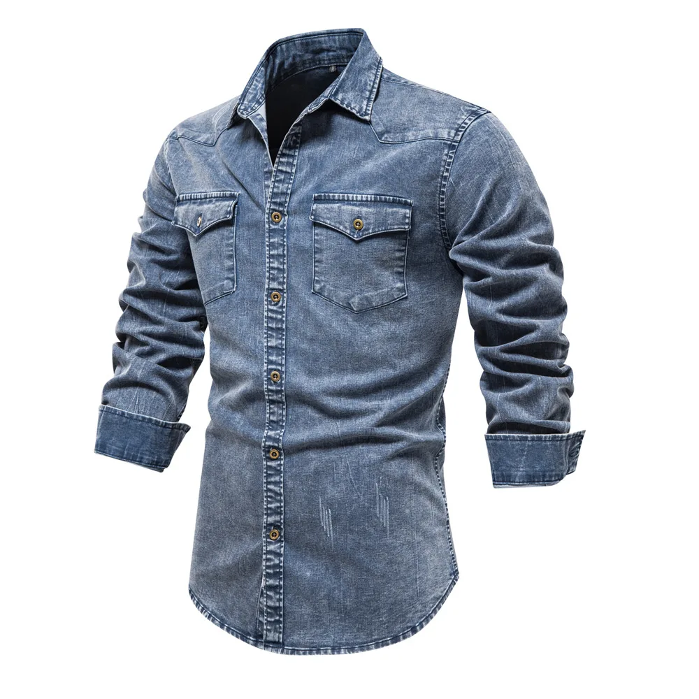 Men\'s Shirt Lapel Shirt Multi Pocket Denim Shirt Men\'s Daily Casual Basic Shirt Men\'s Vintage Denim Shirt Streetwear