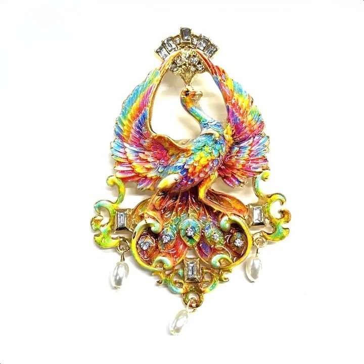 Vintage Enamel Peacock Phoenix Brooch Crystal Pearl Drop Ornate Bird Pin Jewelry Gift
