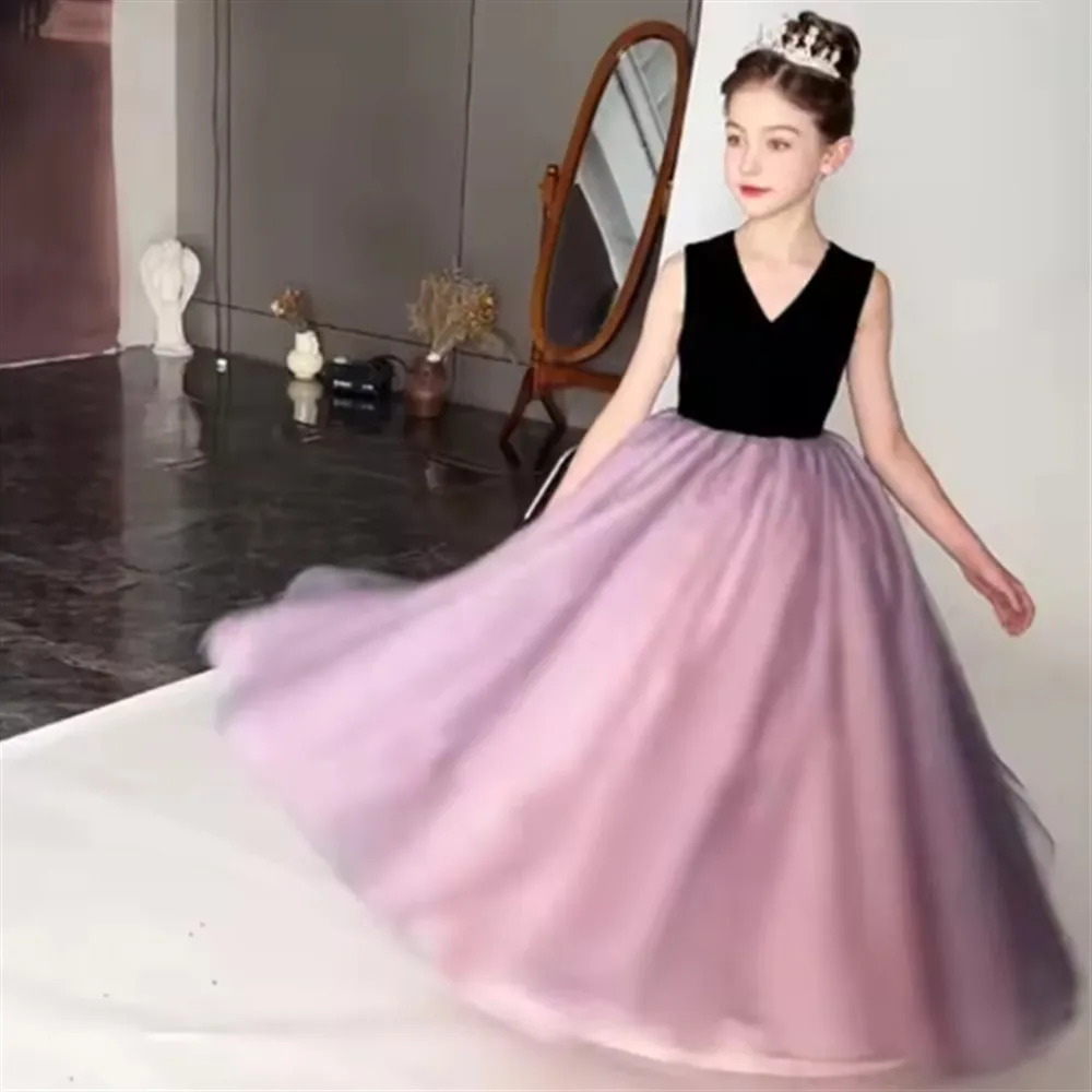 Simple Flower Girl Wedding Dress V-Neck Sleeveless Princess Birthday Party Ball Gown Kids Host Piano Performance Evening Gown