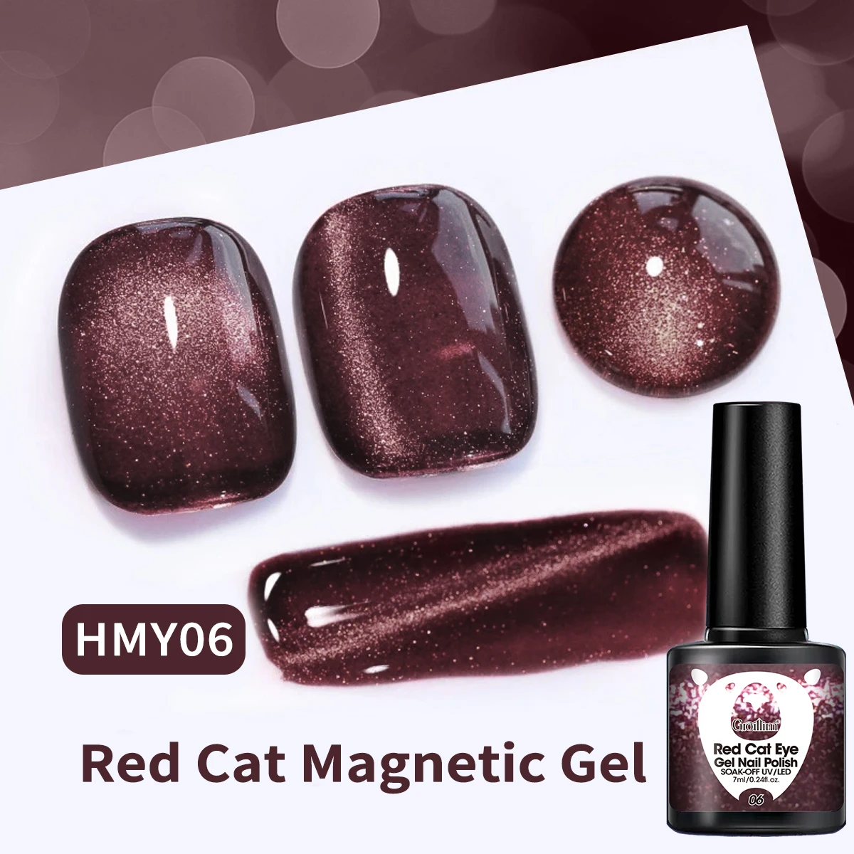 Groillim 7ml Single Pack New Year's Red Glitter Cat Eye Gel Nail Polish, Requires LED Light, Gel Varnish Nail Art, Cat Eye Gel N