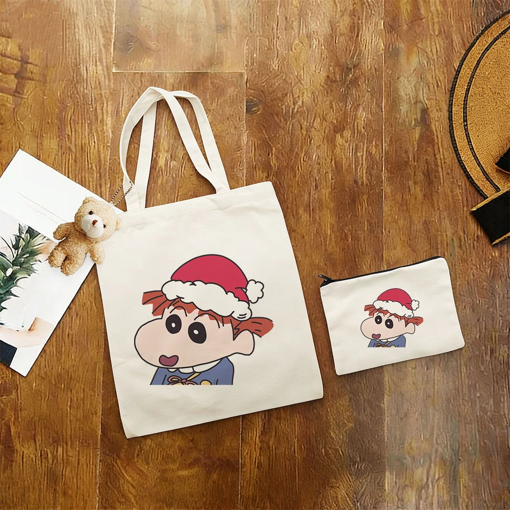 Bolsa de Lona Kawaii Crayon Shin Chan (3 Piezas), con Diseño de Retrato Familiar Navideño, Gran Capacidad, para Fans del Anime, Regalo Navideño, Bolso de Compras