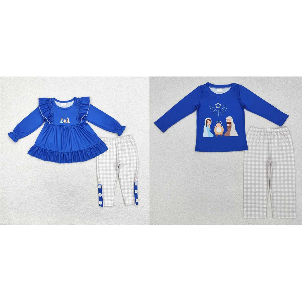 Wholesale western boutique children clothing Sibling Baby Boys Girls Blue Christmas Nativity Tee Top Pants Clothes Sets