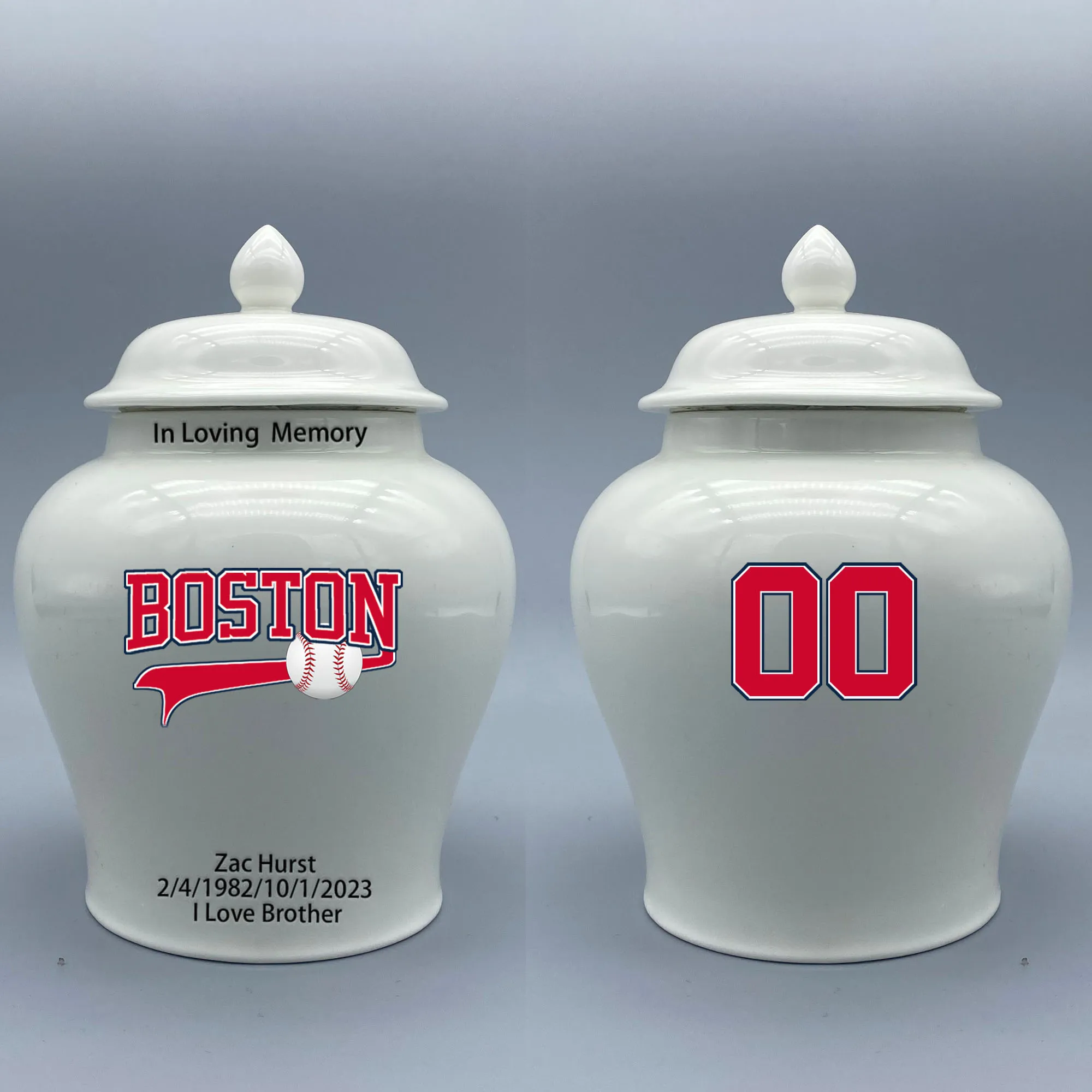 Medium Urn for Boston Red Sox-themed Logo Urn.Please send me the customize information-name/date and number on the urn