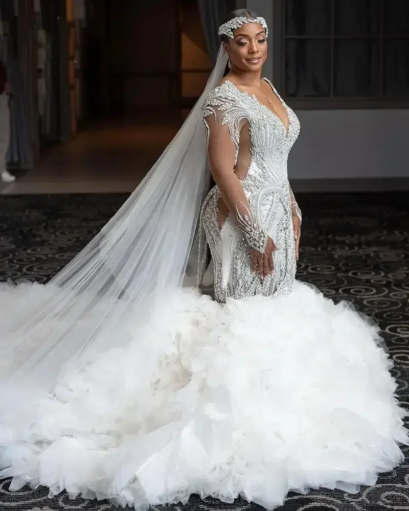 Customized Luxurious Crystal Pearls Mermaid Wedding Dresses Bridal Gowns Long Sleeves V Neck Tiered Ruffles Chapel Train