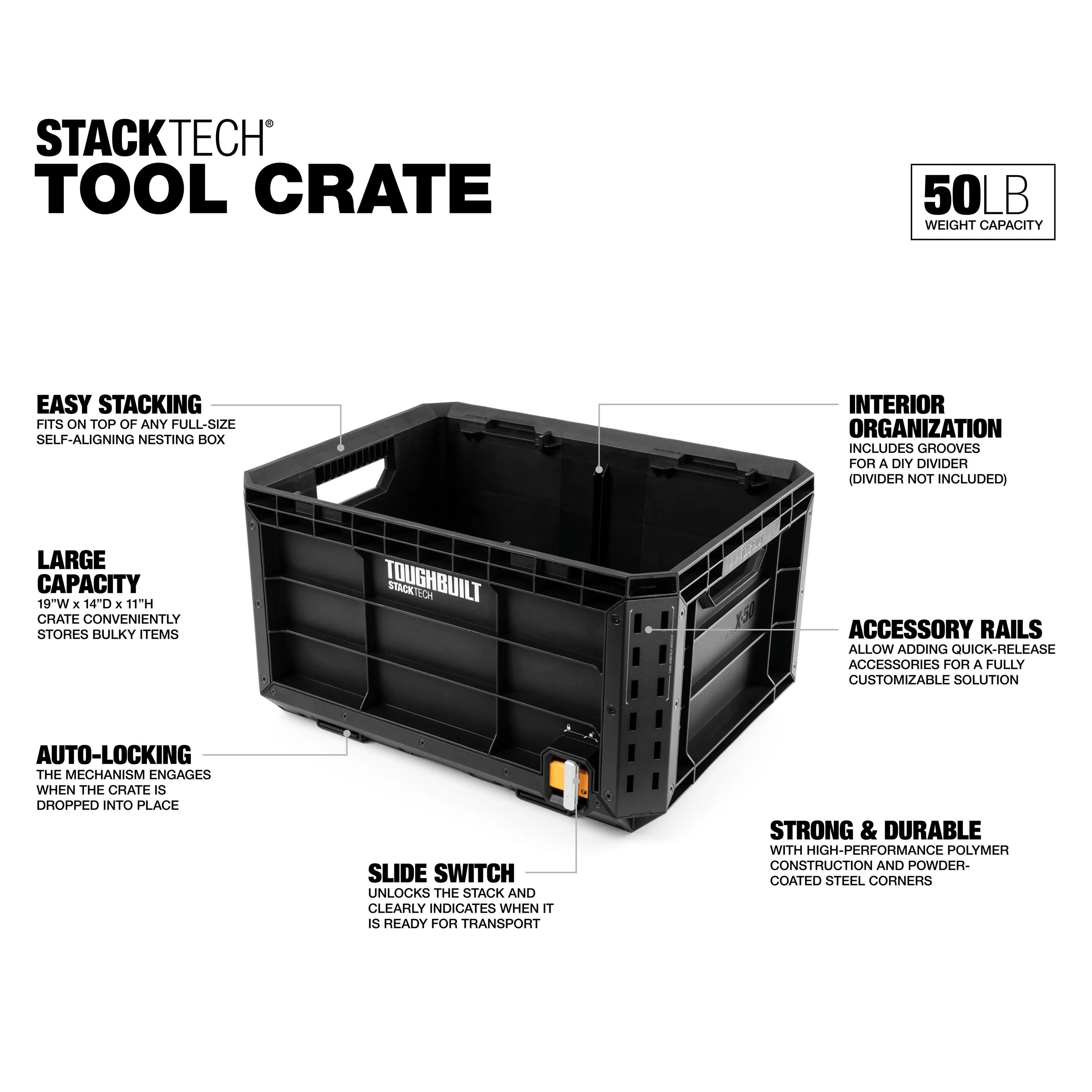 TOUGHBUILT TB-B1-X-50 StackTech Tool Crate Box Organizer Parts Box Multifunctional Matching Stacking Combination Tool Organizer