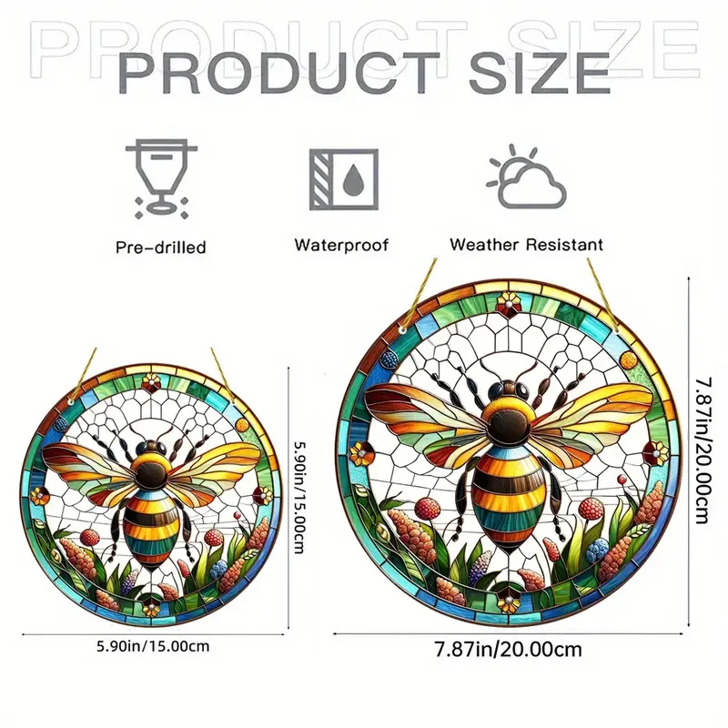 Bee Suncatcher,Acrylic Round Sign Translucent Stained Window Hanging,Gift for Friends,Farmhouse,House,Garden Yard Festival Decor