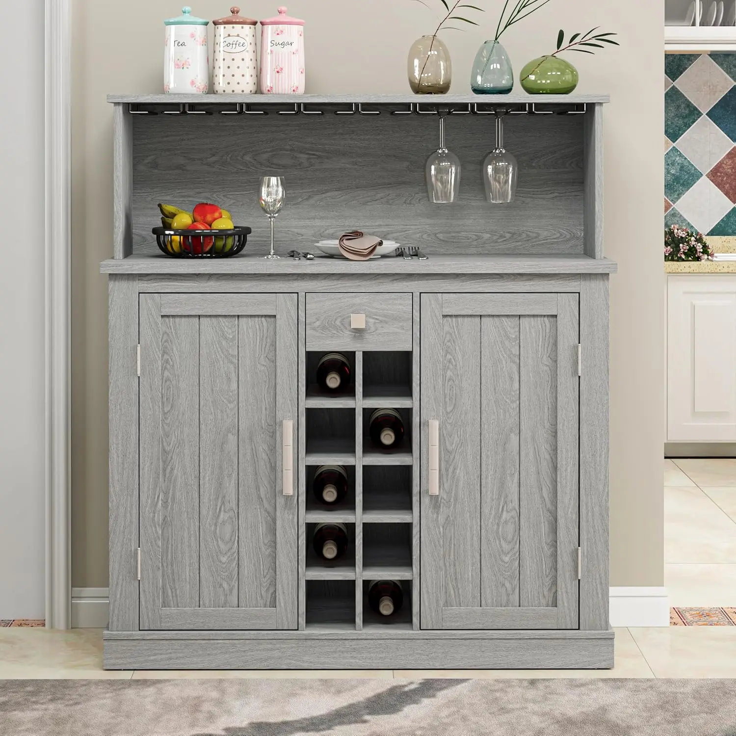 

47 Inch Wine Cabinet with 2 Doors, Storage Shelves Kitchen Coffee Bar Buffet Sideboard Cabinet for Dining Room (Grey)