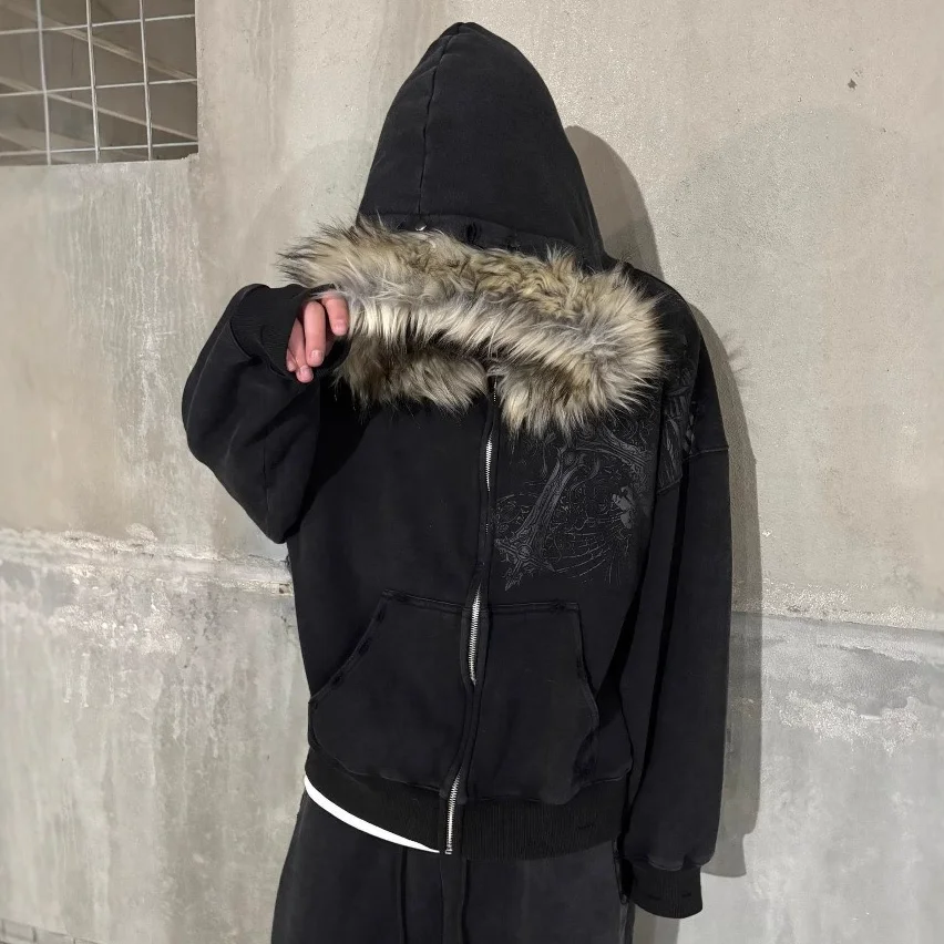 Y2K Retro Plush Fur Hat Hoodie Women's Printed Pattern Long-sleeved Pullover Hooded Jacket Street Fashion Trend