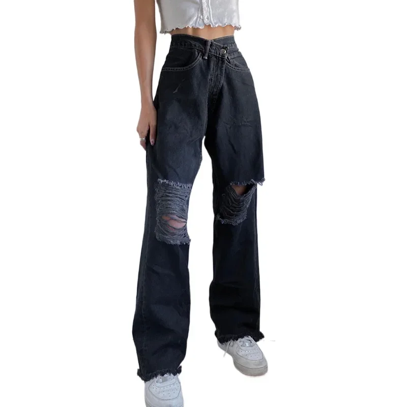 Schwarz zerrissene Jeans Frauen Mode hohe Taille hohle Baggy Jeans Frau lässig Quaste gerade Hosen Pantalon