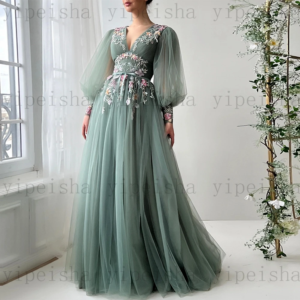 カスタマイズされた V ネックイブニングドレスモダンなドレーププリーツスパンコールレースアップリケ A ラインウエディングドレス背中の開いたロングチュールパーティードレス