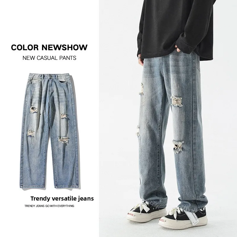

Men’s High-Quality Broken Holes Jeans,Ripped Straight-Leg Denim Pants,Korean Versatile Trendy Loose Pants