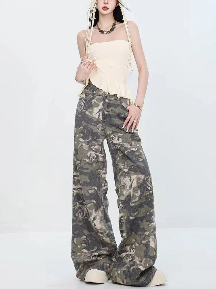 

Women's High Waist Straight Camouflage Wide Legs Pants Street Style Cool Girl Bottoms Female Fashion Solid Color Baggy Trousers