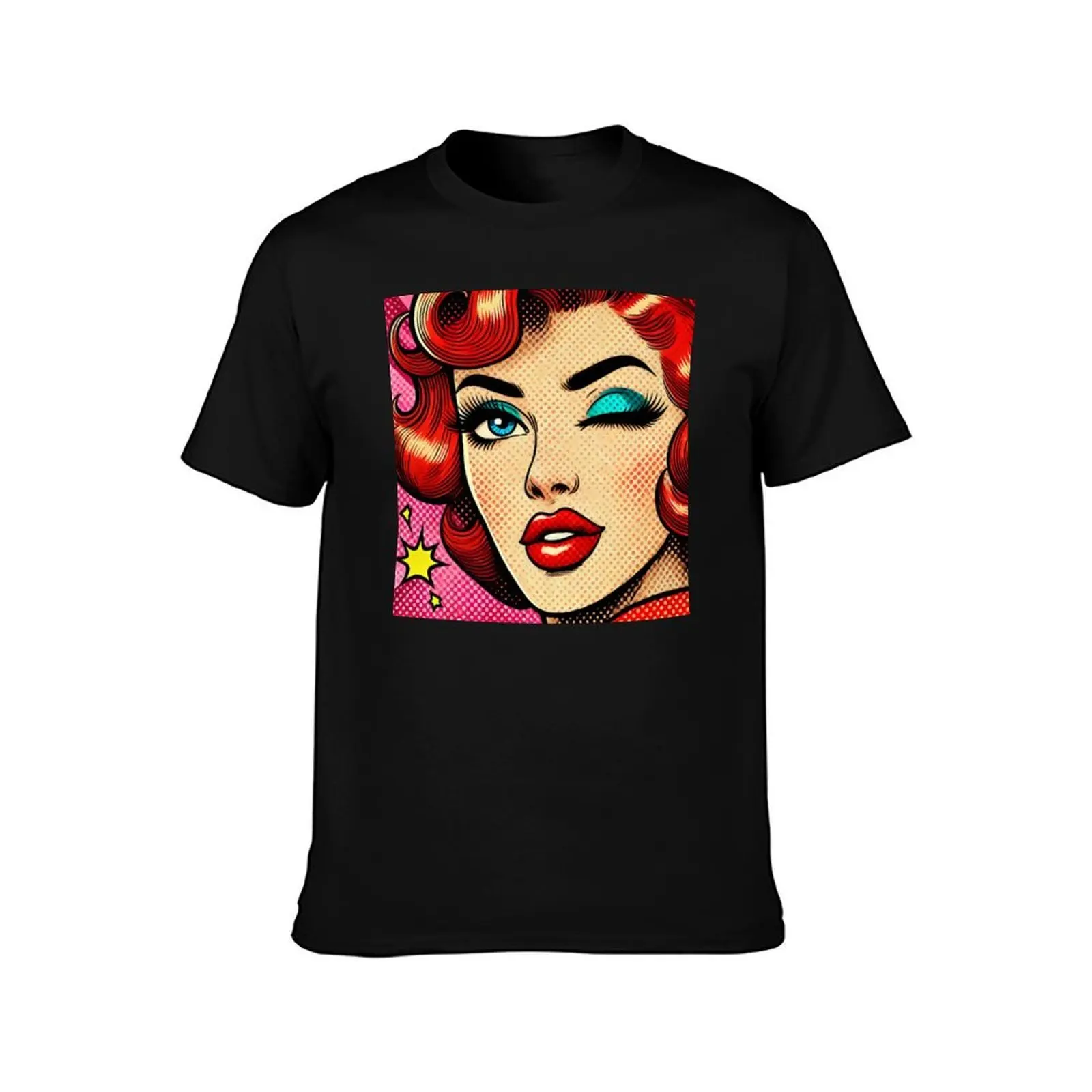 Retro Glam Pop Art Winking Redhead Pin Up T-Shirt, Summer Casual Cotton Tee, Oversized Streetwear Tops, Vintage Graphic Print