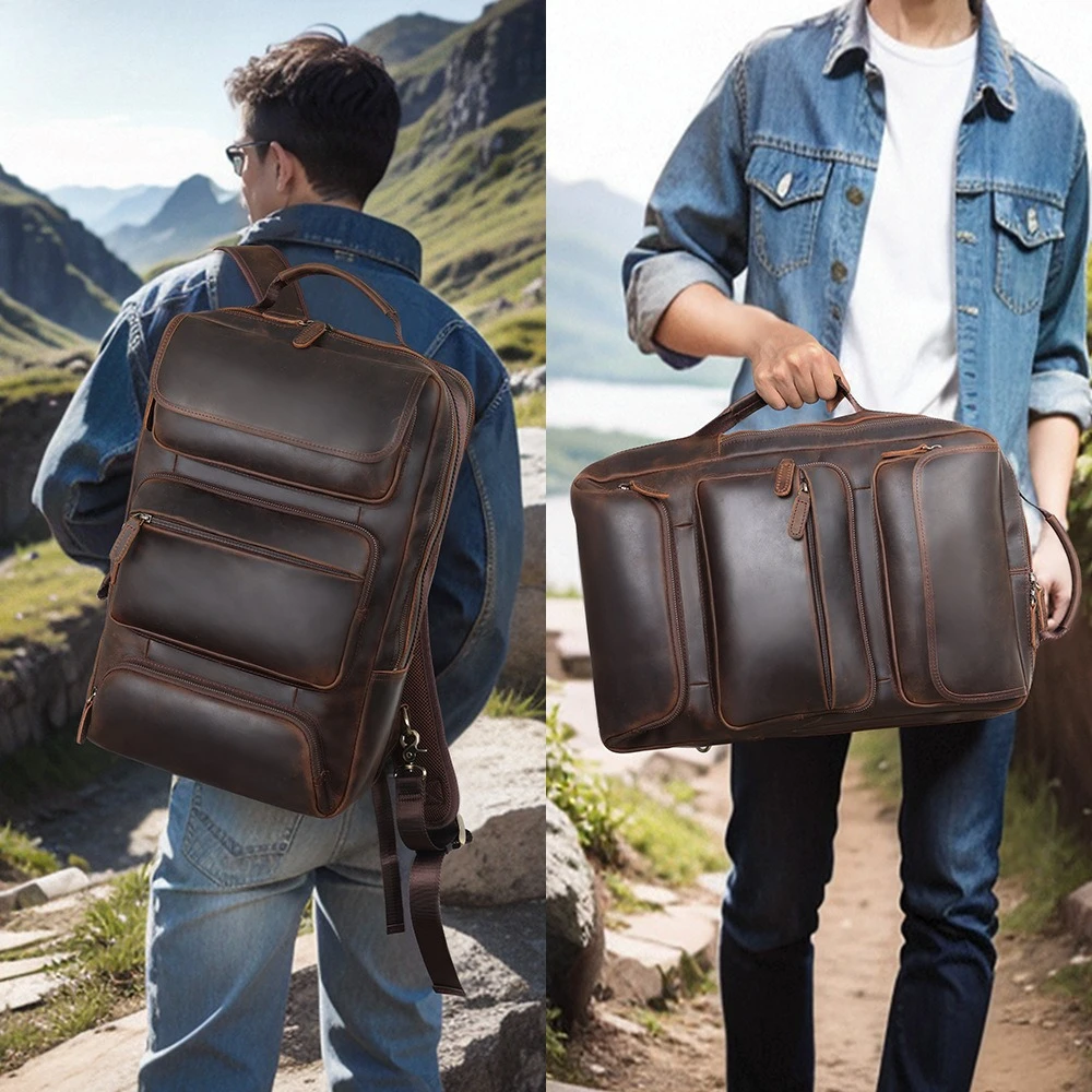 Vintage Crazy Horse Leather Men's Backpack Large Capacity 16 Inch Laptop Bag Retro Travel School Backpack for College Students
