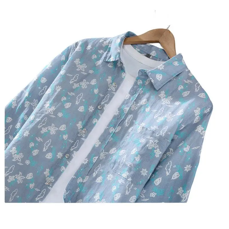 Retro Spring Summer New Printed Floral Men\'s Linen 100% Business Casual Shirts For Men High Street Loose Thin Clothes Tops