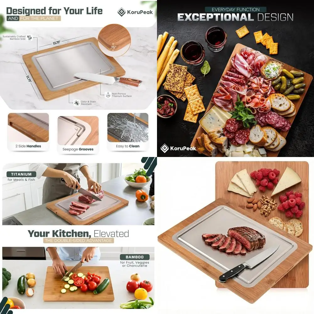 

Large Double-Sided Titanium Kitchen Cutting Board with Bamboo Edge, 16x12 Inches