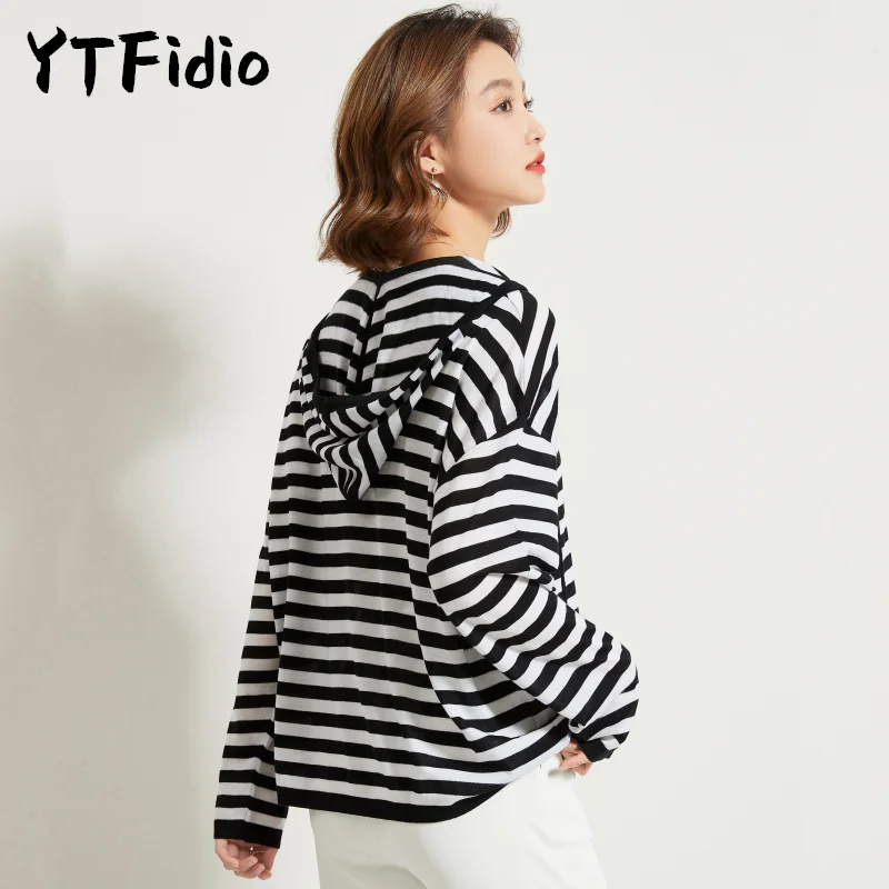 YTFidio 100% Wool  Women Striped V-neck Drawstring Hooded Pullover Hoodies Pullovers  Casual Knitwear Sports Tops 69