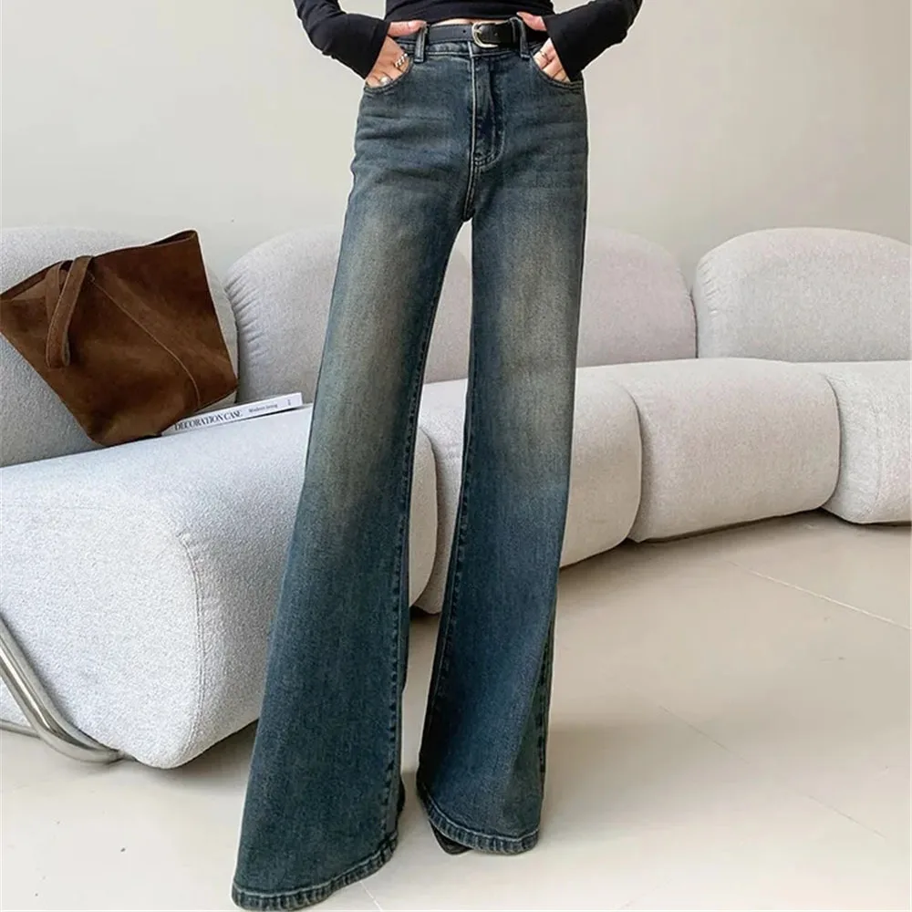 

Retro Washed Blue Jeans For Women In The Autumn Of 2024 New Fashionable Micro Horn Floor Mopping Wide Leg Pants Y2k Clothing