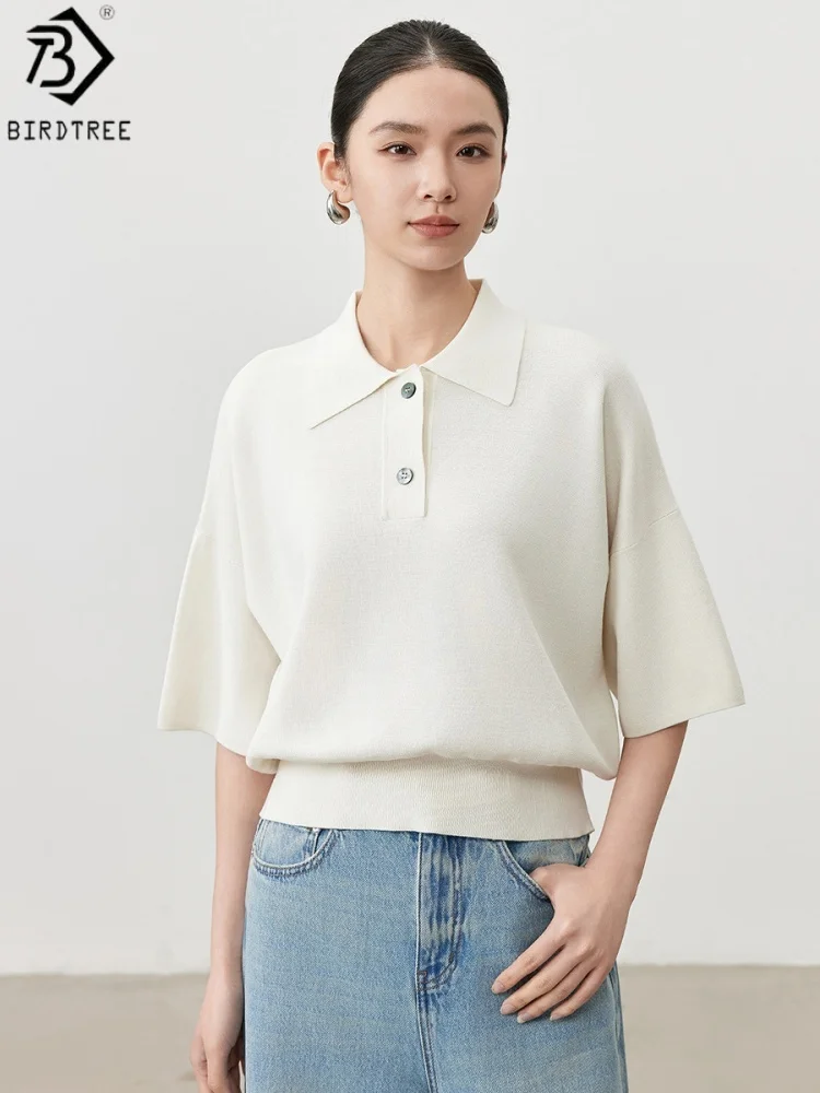 Birdtree, 58% Silk 42% Cotton Knitted Tshirt, Lapel Half Sleeve Tops, Women's Commuting Solid Shirt, 2026 Summer New T64725JF