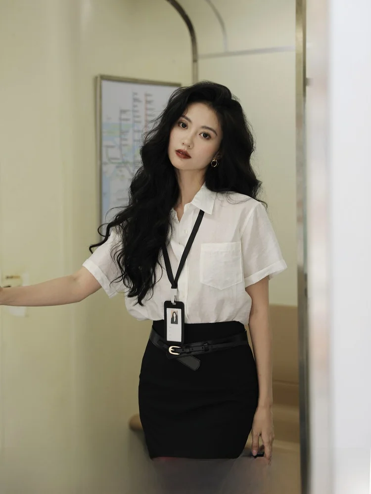 

TAIYANG OFFICE Белая женская блузка 2025 года, новая, для офиса, тонкая, с коротким рукавом, прямого кроя, однотонная, из лензинг-нейлона и льна