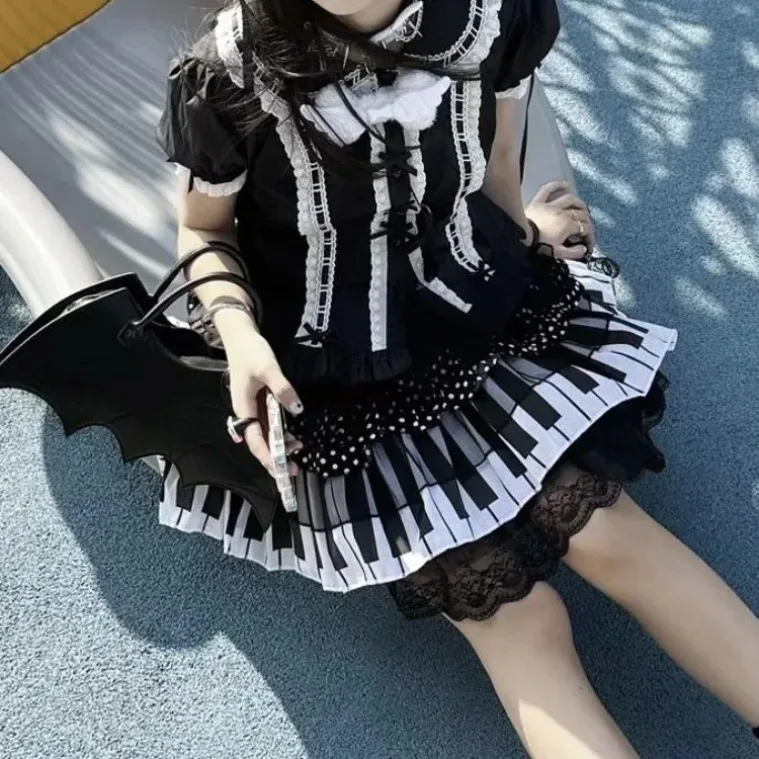 

New Punk Black White Piano Keys Skirts Sweet Lace Ruched Cake Skirt for Women Y2k Harajuku High Waist All-match Faldas Mujer