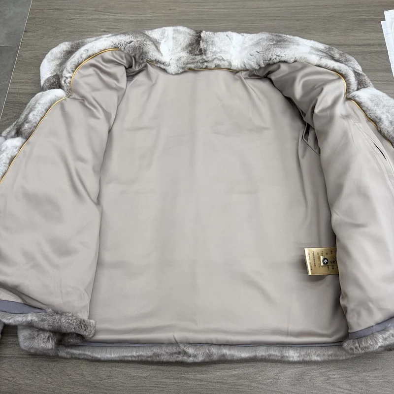 Women Real Rex Rabbit Fur Coat Stand Collar Short Jacket Chinchilla‑Look Pattern Horizontal Stripe Winter Warm Female Coat