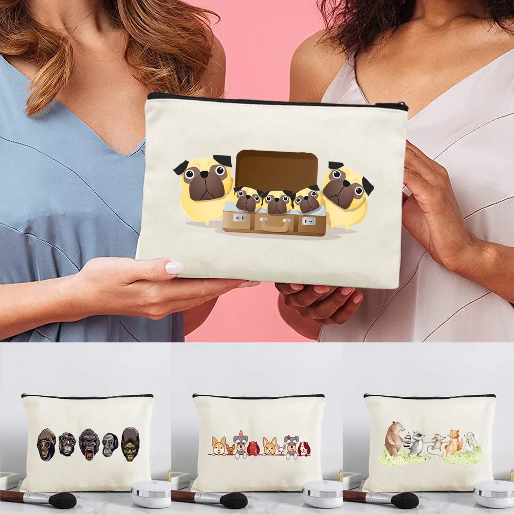 Portable Beige Canvas Zipper Makeup Bag With Cartoon Print Cosmetic Storage Pouch for Makeup Brushes Lipsticks Daily Travel