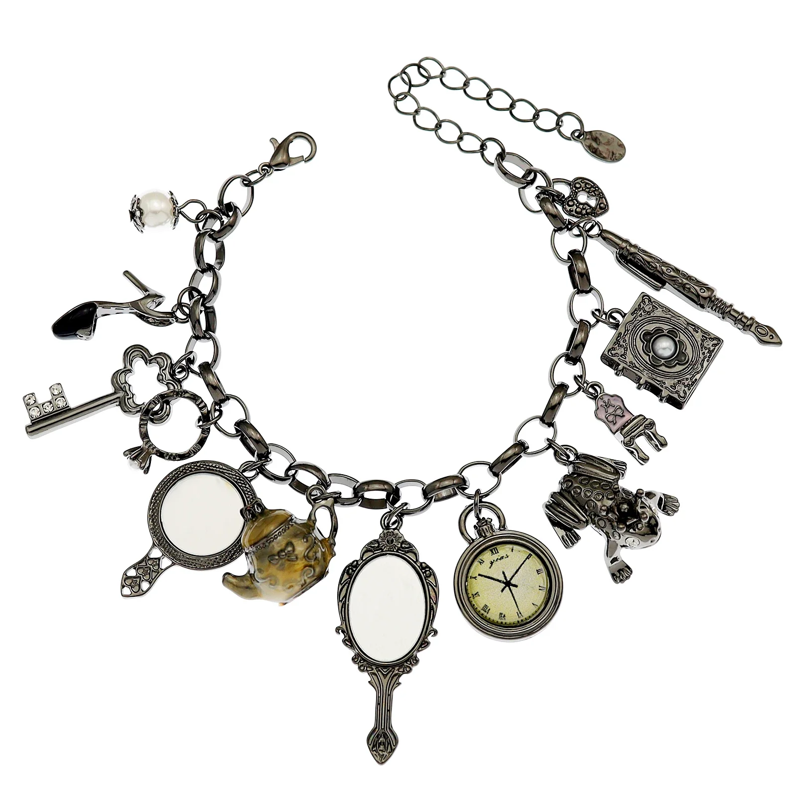 Vintage Spiegel Frosch Uhr Stuhl Wasserkocher Stift Schlüssel Herz Anhänger Charms Armband für Frauen Retro Magischer Märchen-Armreif Schmuck