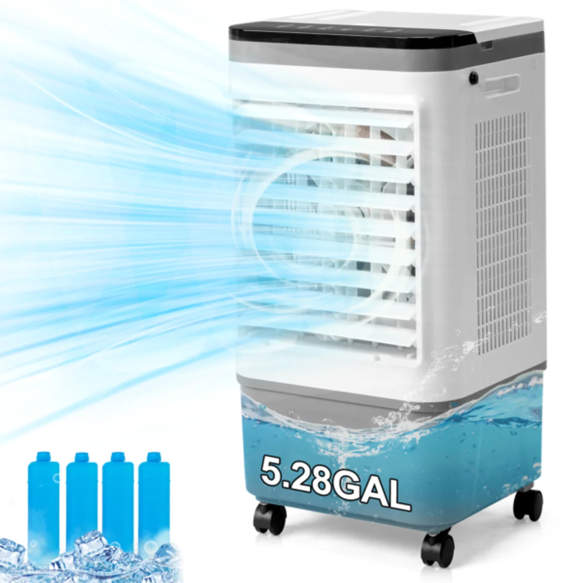 

3-in-1 Portable Evaporative Cooler 720R - 461CFM, 5.28Gal Tank, Copper Motor, Remote (12H Timer, Gray/White)