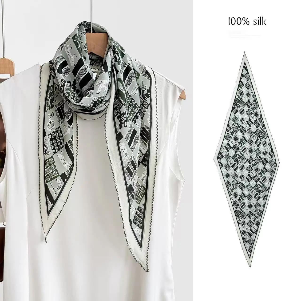 

100% Mulberry Silk Twill Diamond Scarf for Women Lace Trim Korean Style Neck Scarf Chic Hair Bag Accessory