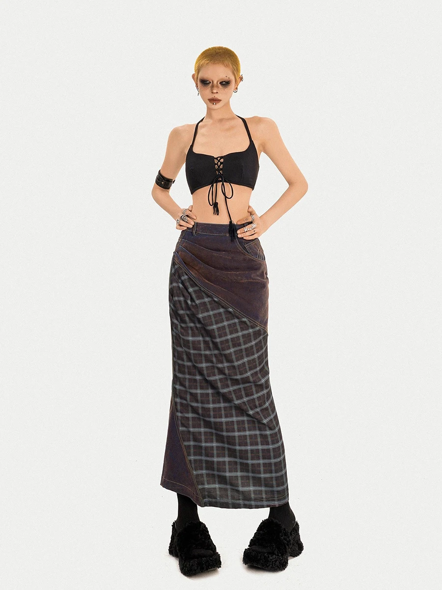 تنورة نسائية من REDDACHiC منقوشة من قماش الدنيم ذات ثنيات عالية الارتفاع حورية البحر تنورة طويلة Gyaru Y2k ملابس خروج عتيقة