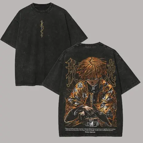 25 nueva camiseta de Anime Demon Slayer Agatsuma Zenitsu para hombre, camisetas holgadas informales de algodón lavadas Harajuku para hombre, camisetas Vintage
