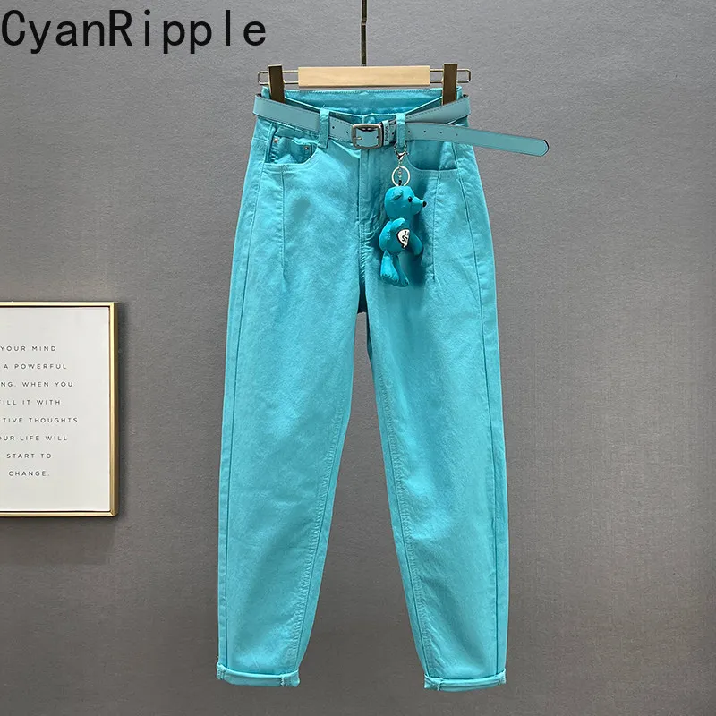 

Женские джинсовые брюки Lake Blue 2026: Новинка Весна-Лето, универсальные, с высокой талией, однотонные, длиной до щиколотки, повседневные джинсы-шаровары