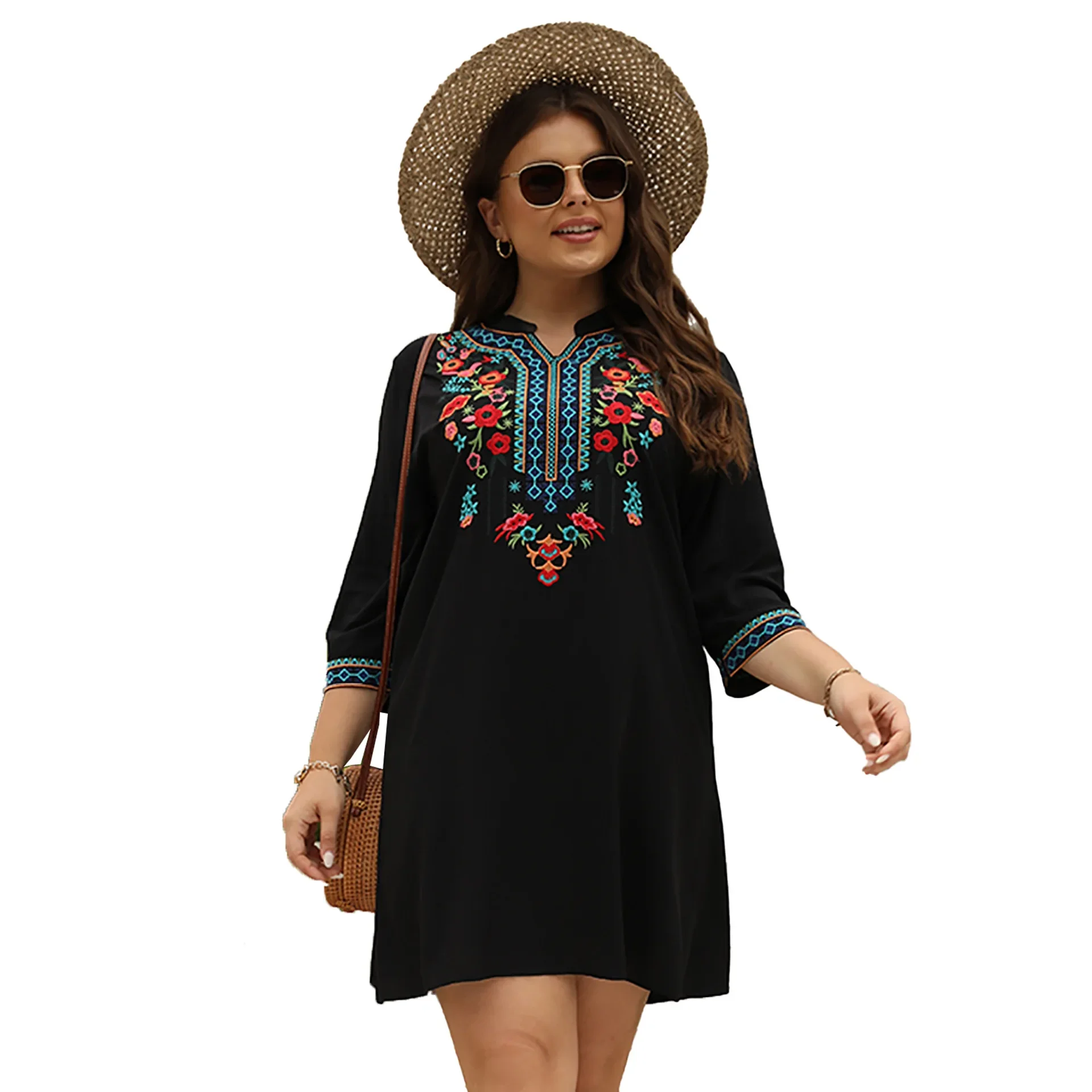 Eaeovni Boho Embroidered Dress for Women Tradition Mexican Peasant Dresses Bohemian Skirts Plus Size Hippie Casual Tunic