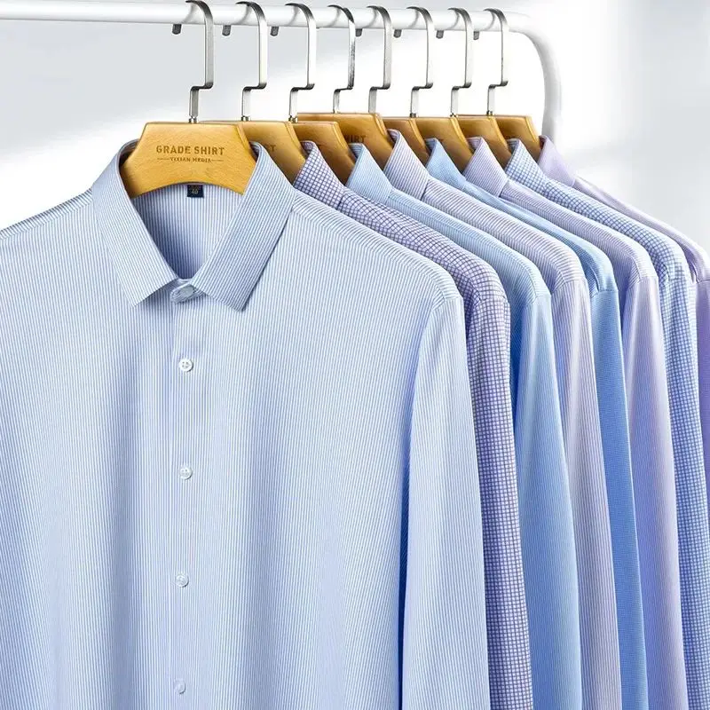 New Stretch AntiWrinkle Men's Long Sleeve Dress Shirt Autumn Season Wide Fit Fleece Lined Thickened  Collar Shirt