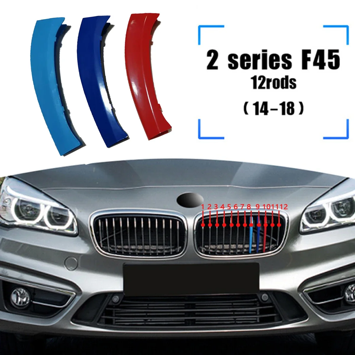 

2026 3Pcs ABS Car Racing Front Grille Trim Strips For BMW F22 F23 F45 F46 F44 2 Series 2014-2023 2024 M Power Grill Clip Accesso