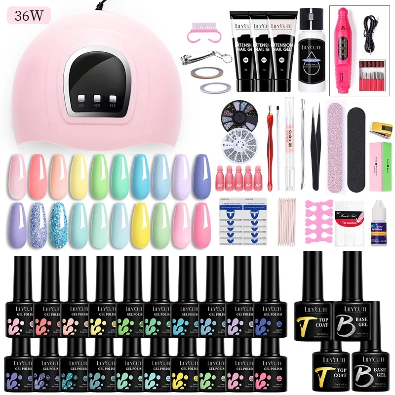 LILYCUTE 20/10Pcs Nail Gel Polish Manicure Set With UV LED Lamp Dryer  Extension Gel Kit Electric Nail Drill Nail Art Tools Kit