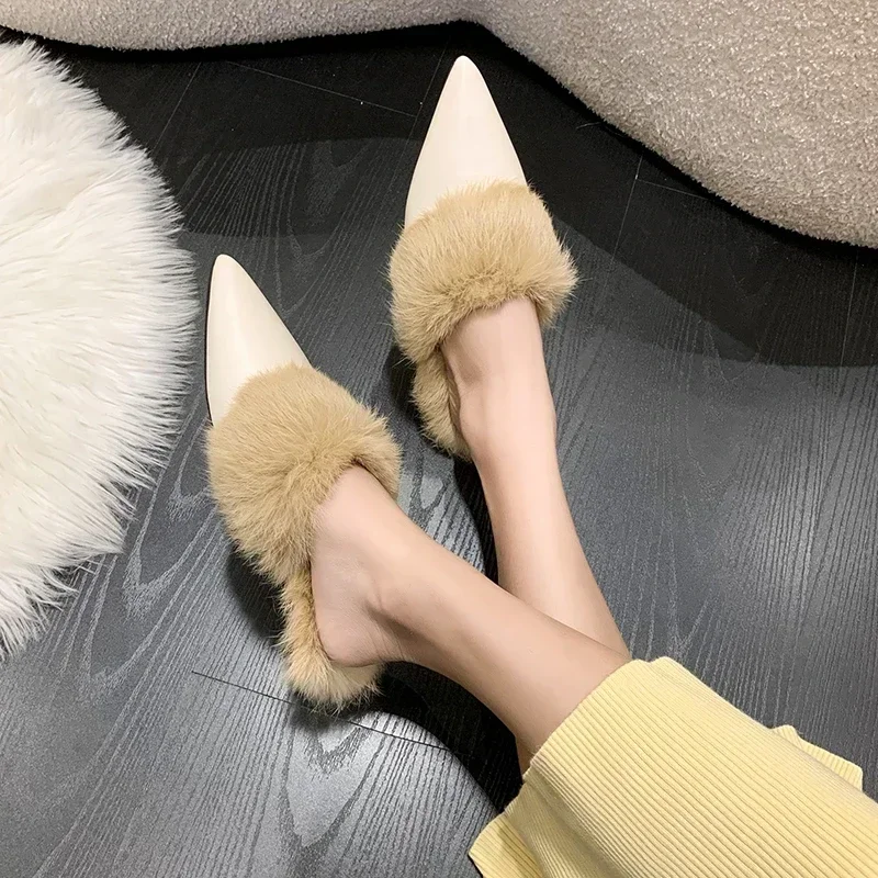 Fashion Winter Plush Women Mules Slippers Slip on Warm Woman Slipper Faux Fur Flat Shoes Pointed Toe Female Ladies Shoes