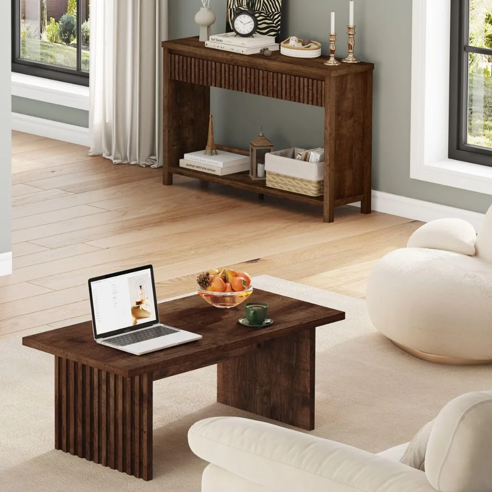Mesa de centro retangular estilo fazenda, peça central moderna para sala de estar de meados do século, mesa de madeira canelada exclusiva