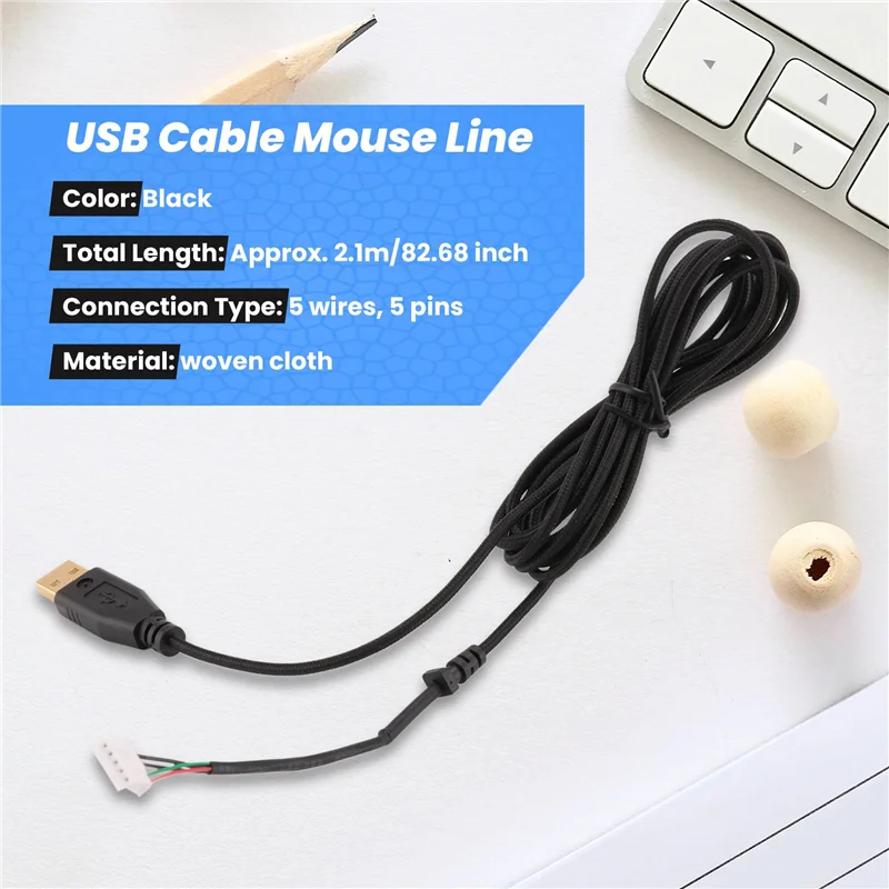 AEE7-Usb Cable Mice Line For Razer Deathadder 2013 Approx. 2.1M 5 Wires 5 Pins Black Gold Plated Replacement Gaming Mouse