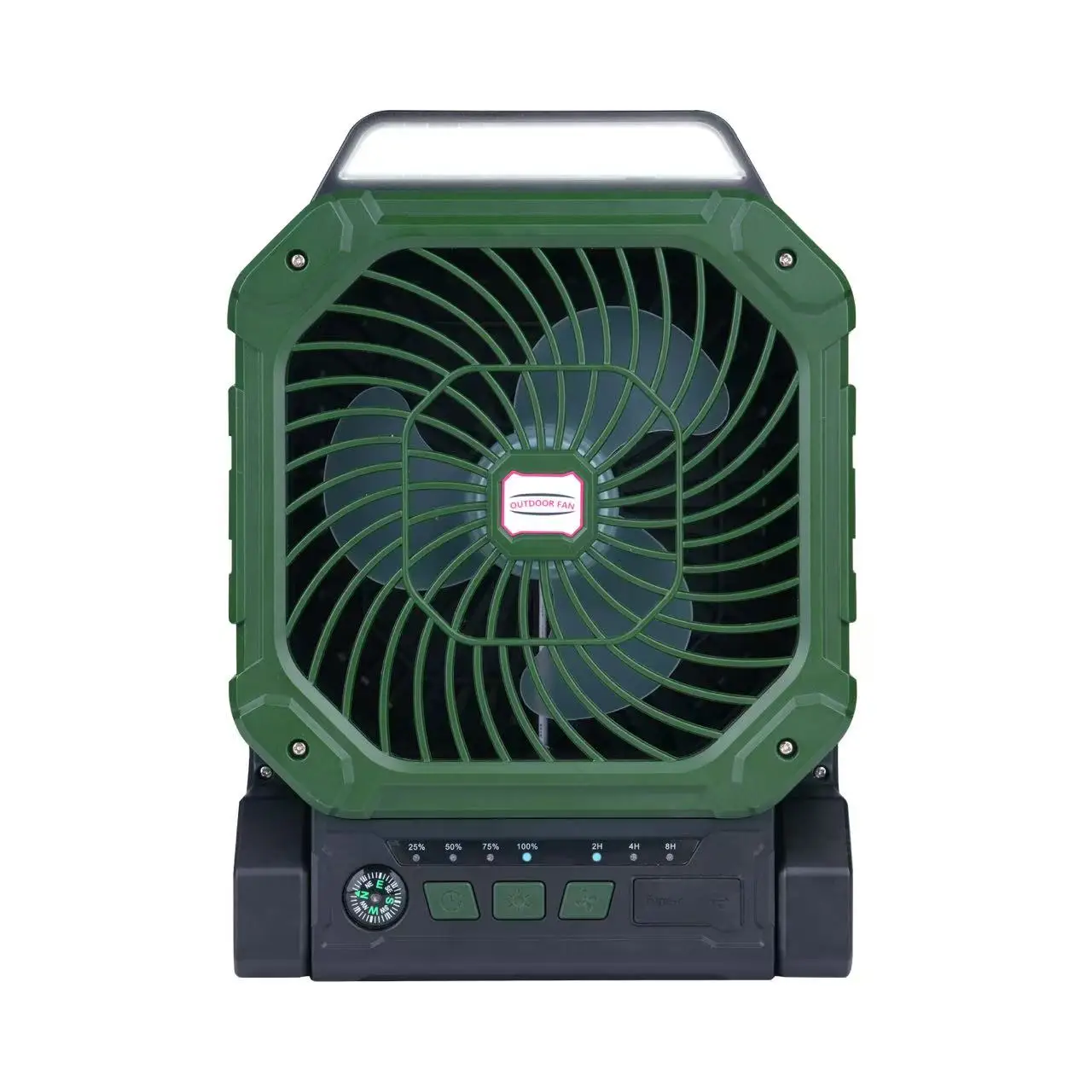 Solar Portable Fan 4-Speed with LED, USB, Timer & Built-in Compass for camping, hiking, tent use and various emergency scenarios