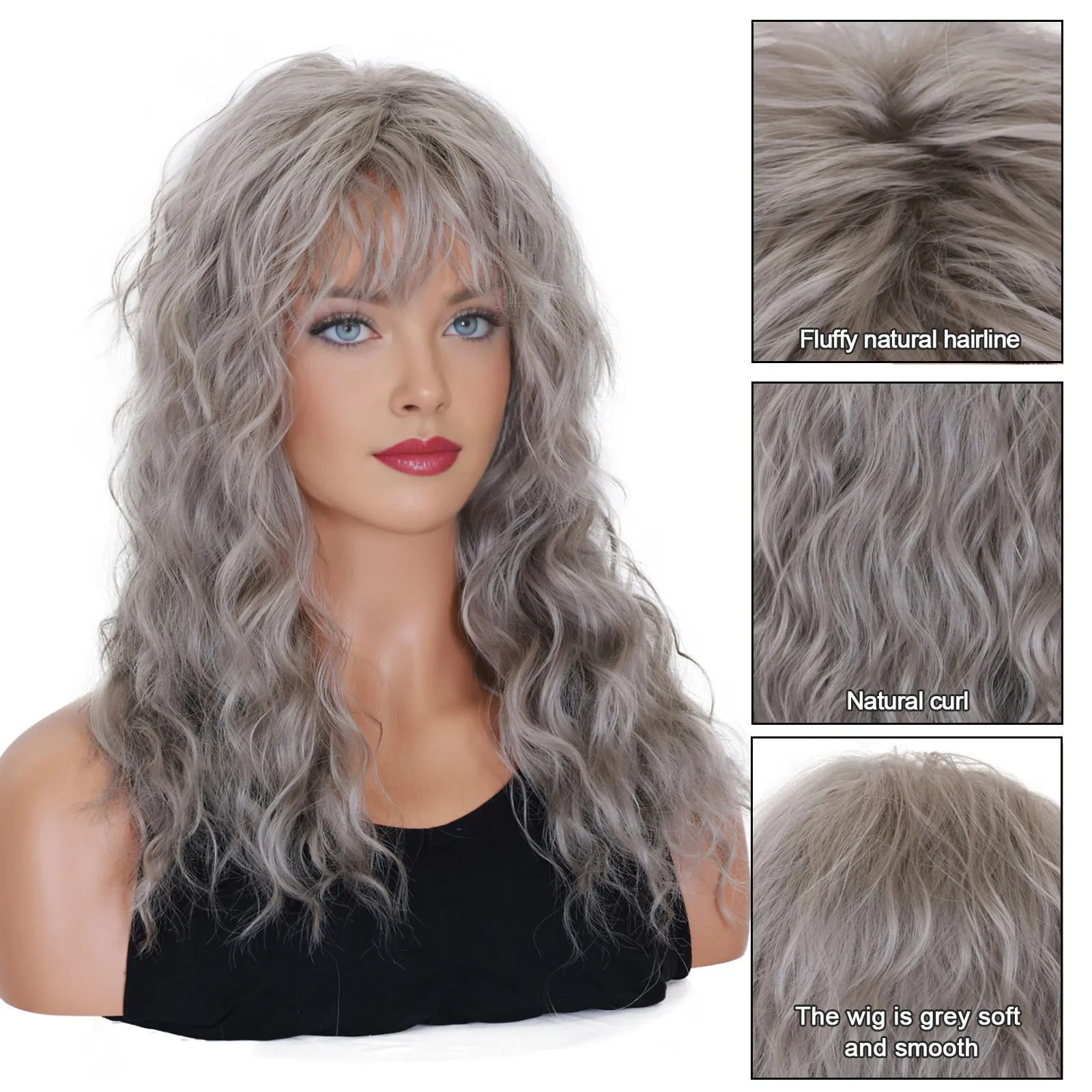 BCHR Grey Wigs with Bangs Long Curly Synthetic Wigs for Women Daily Cosplay Party Halloween Costume (Grey 20 Inches)