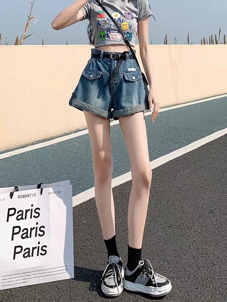 Blue High Waist A-Line Wide Leg Short Jeans Women's Summer Thin Design Slimming Hot Pants Vintage Cuffed Denim Shorts