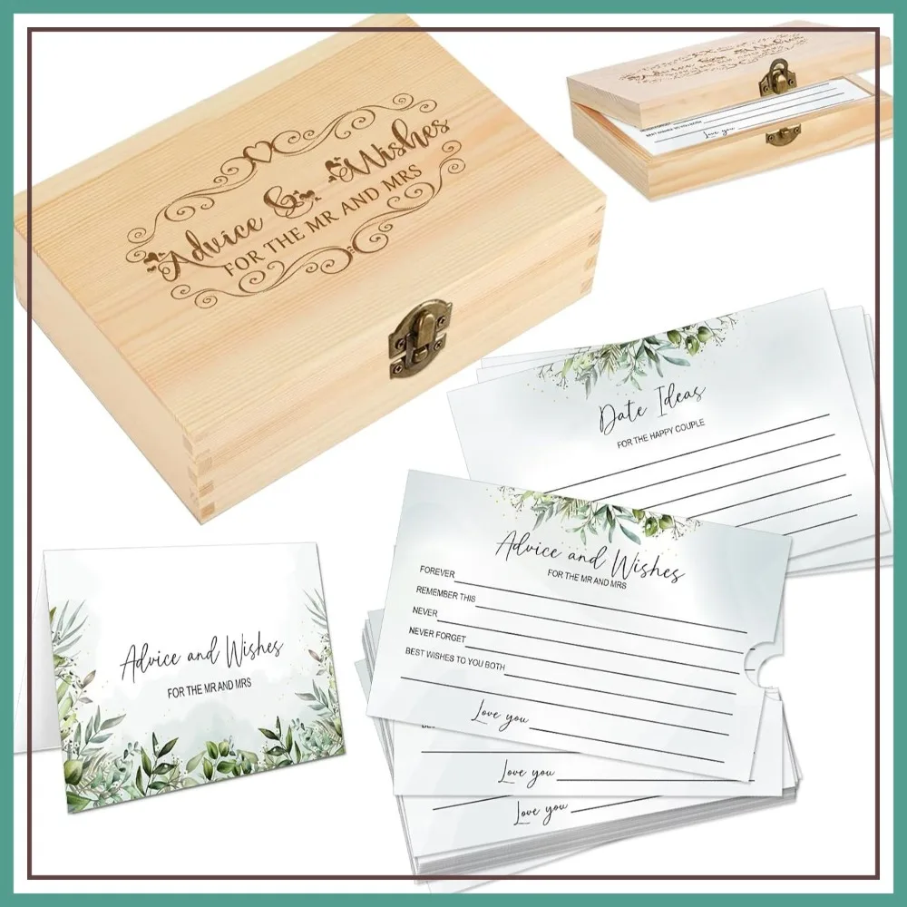 

60Pcs Wedding Advice Cards for Bride and Groom, Greenery Bridal Shower Guest Book Alternative with Wood Box