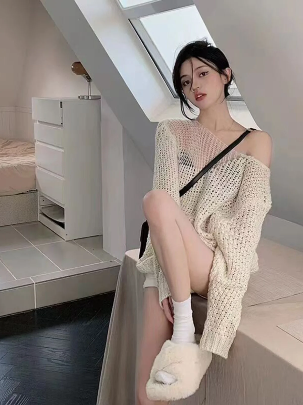 

plus Size Hollow out Long Sve Knitwear Women's Autumn Faionable Sexy Pure Desire Mid-Length Top Korean Sle V-Ne