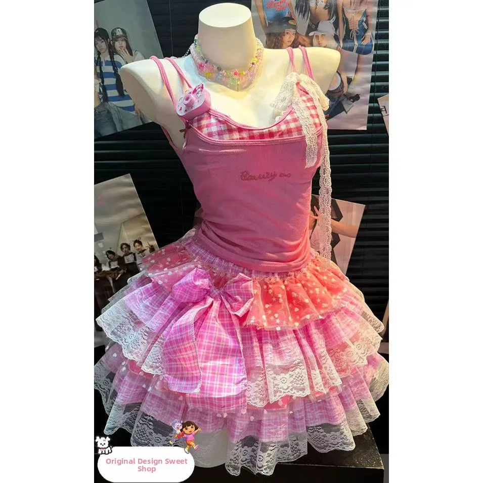 Handmade Original Small Sweet House Dopaamine Strappy Top Y2K Fluffy Cake  Skirt with Pink Peach Checkered Design Summer ...