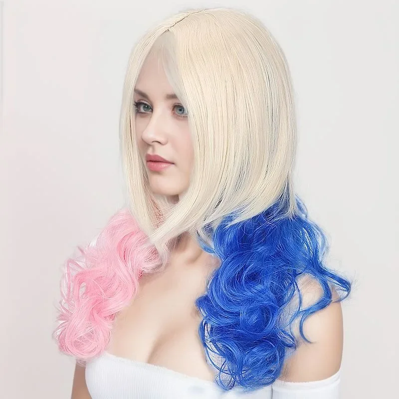 Peluca de Cosplay de payaso de película para mujer, malla con botones de 24 pulgadas, pelo simulado de seda de alta temperatura, cubierta decorativa para el cabello rizado rosa y azul