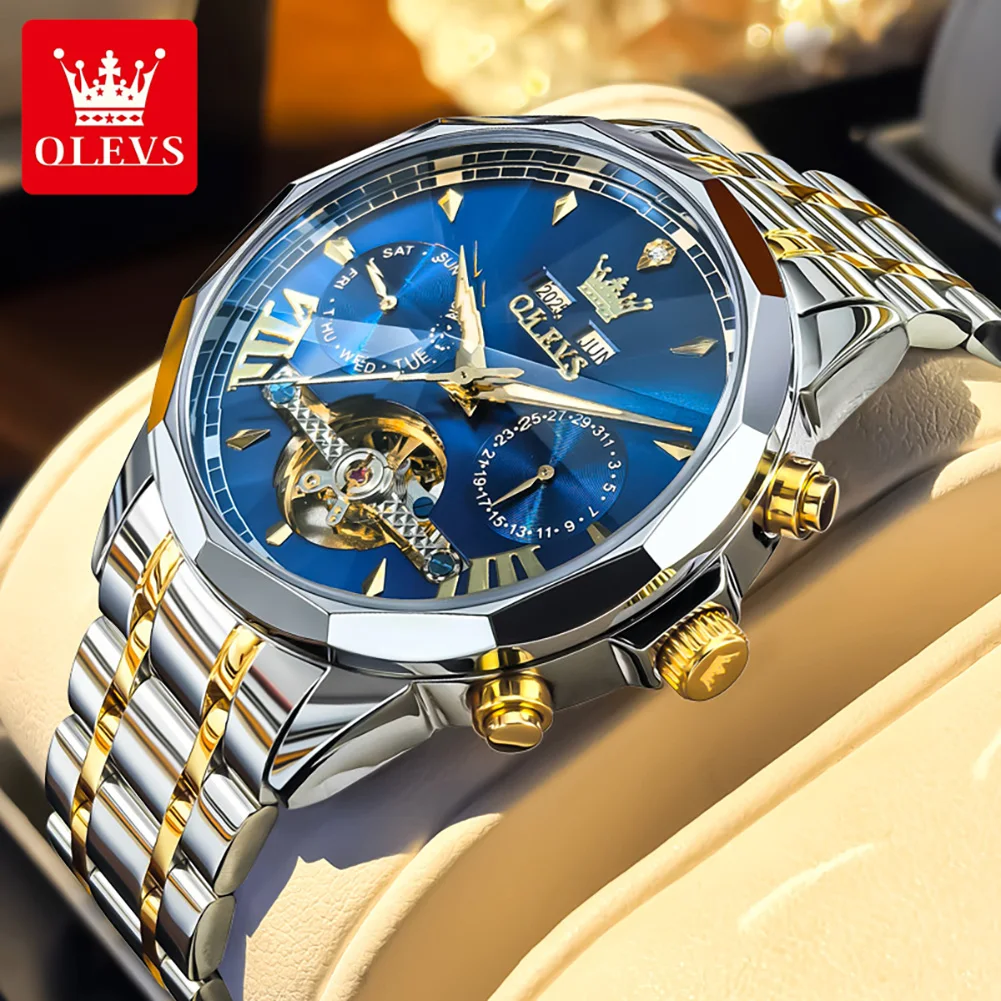 OLEVS 6619 Reloj para hombre, Reloj Tourbillon Original de lujo, Reloj multifuncional hueco de marca, Reloj mecánico automático para hombre