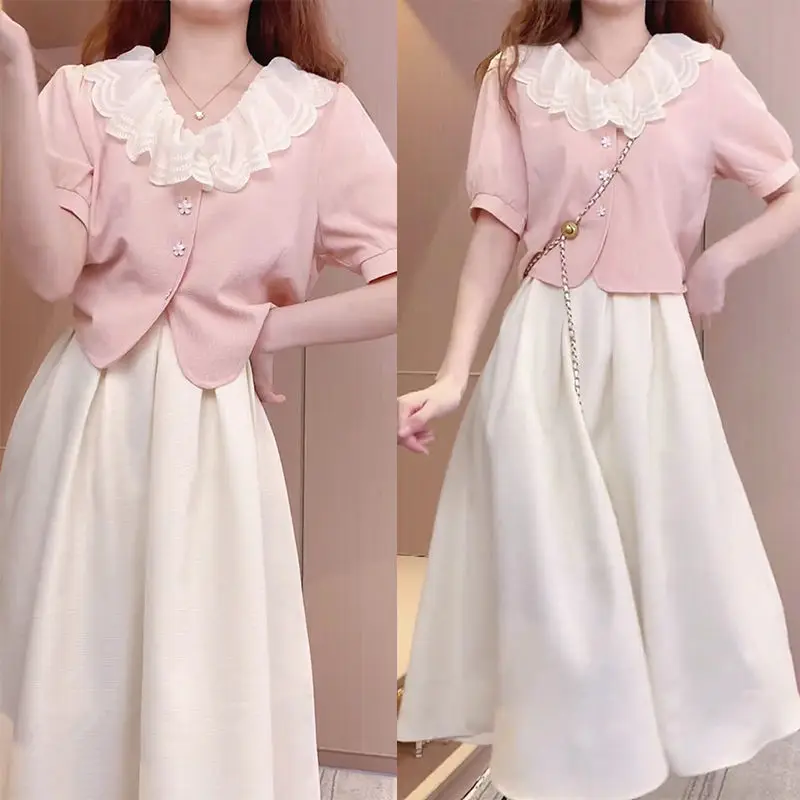 Casual High Street Women\'s Set Summer New Sweet Short Sleeves Doll Shirt+A-line Skirt Bamboo Knot Hemp Two Piece Set for Women