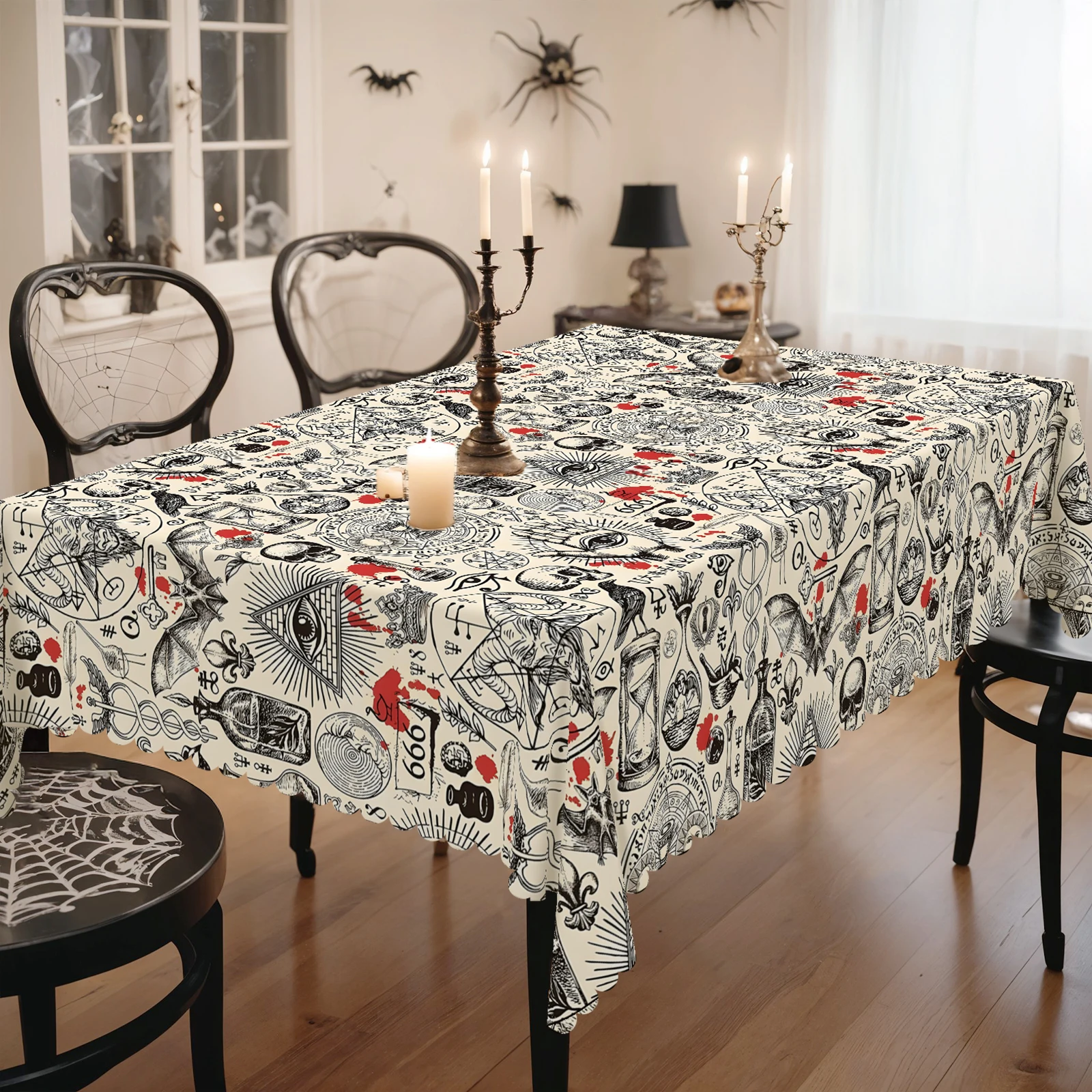 1 Piece, Halloween Theme Horror Atmosphere Printed Tablecloth + 4 Self-Adhesive, Magic Elements Magic Potion Philip Goat Magic Circle Pattern, Bat Crow Skull Hourglass Printing, Embossed Edge, Suitable for Home Kitchen, Living Room Dining Table Balcony Coffee Table, Holiday Party Holiday Table Decoration Tablecloth, Outdoor Picnic Decoration, Coffee Table Top Decoration Tablecloth, Perfect Holiday Gift-Printing-103